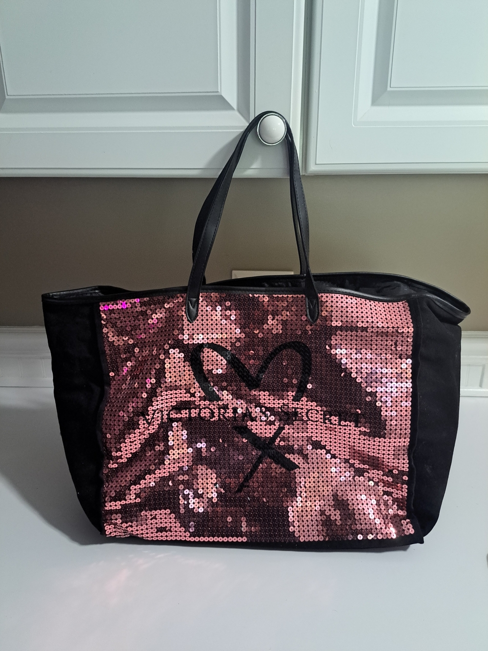 Victoria's Secret Pink Sequin Tote with Black Heart Accent